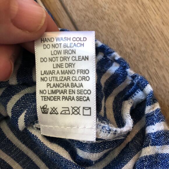 Becaal Blouse Shirt Women’s Sz Small White Blue Stripes Button Down Short Sleeve - Picture 6 of 8